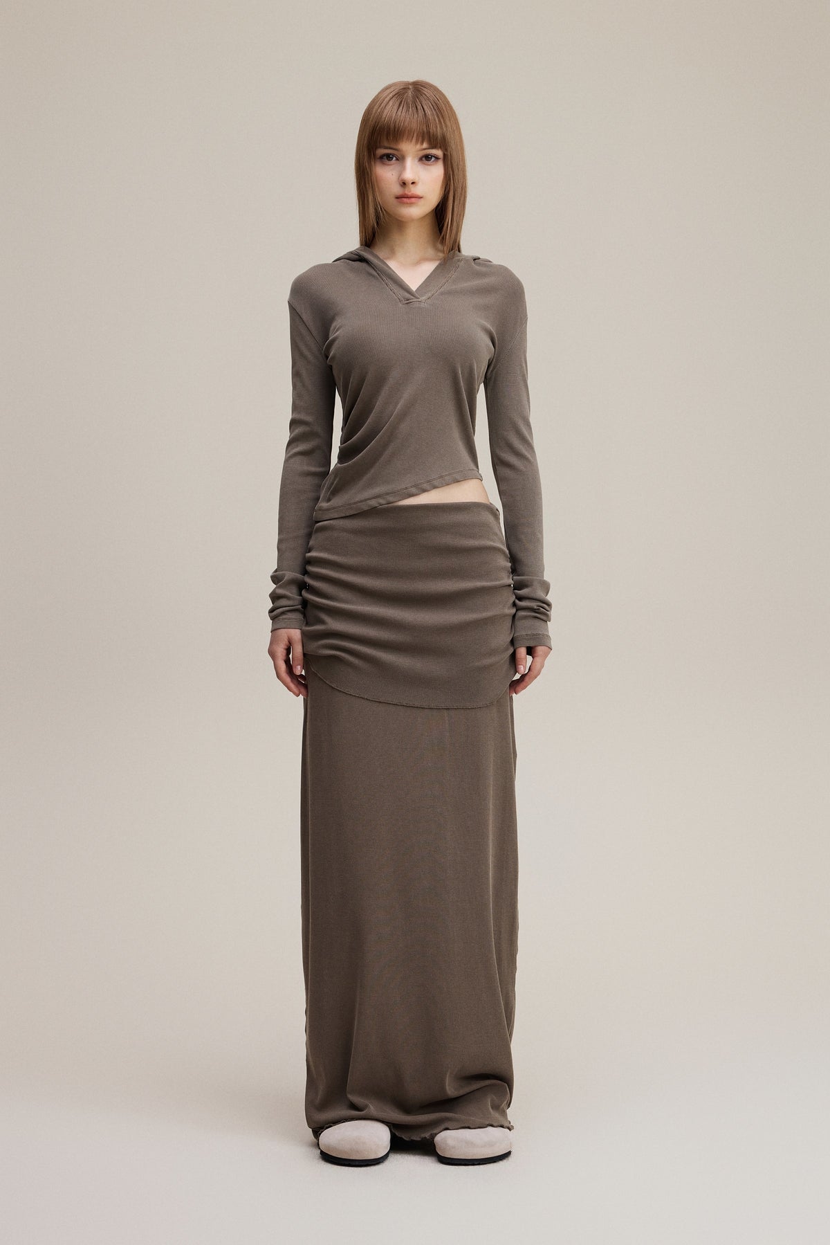 275GSM Women's Slim-Fit Hooded Pigment-Wash Long-Sleeve Coffee