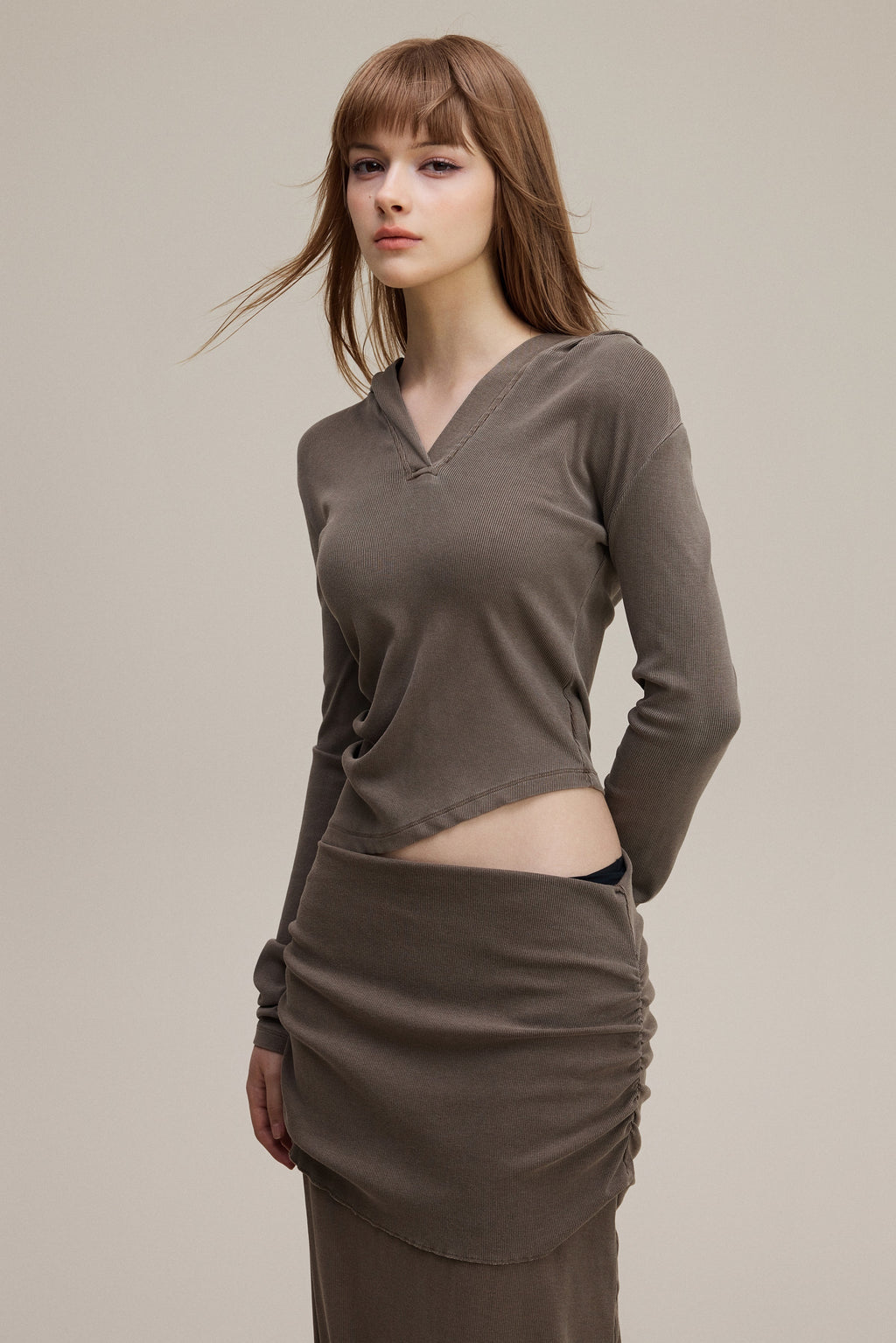 275GSM Women's Slim-Fit Hooded Pigment-Wash Long-Sleeve Coffee