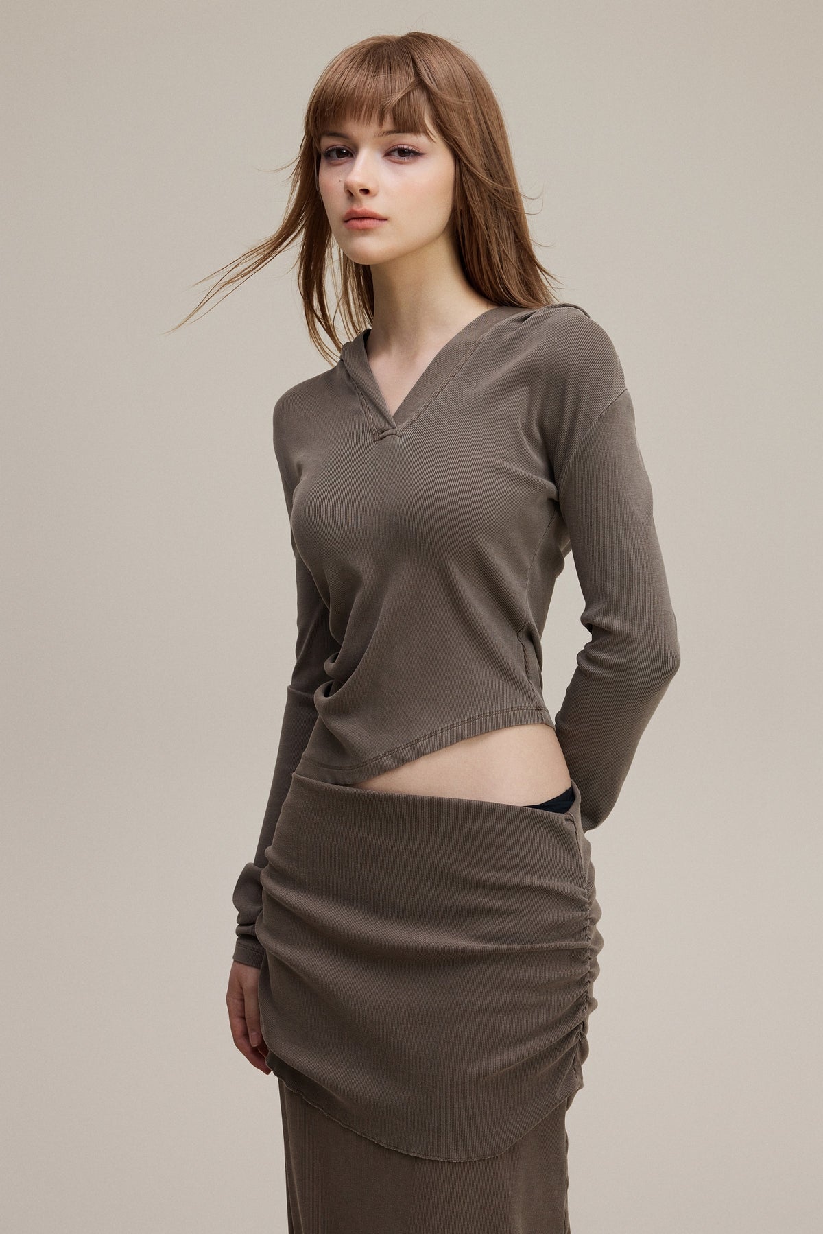 275GSM Women's Slim-Fit Hooded Pigment-Wash Long-Sleeve Coffee