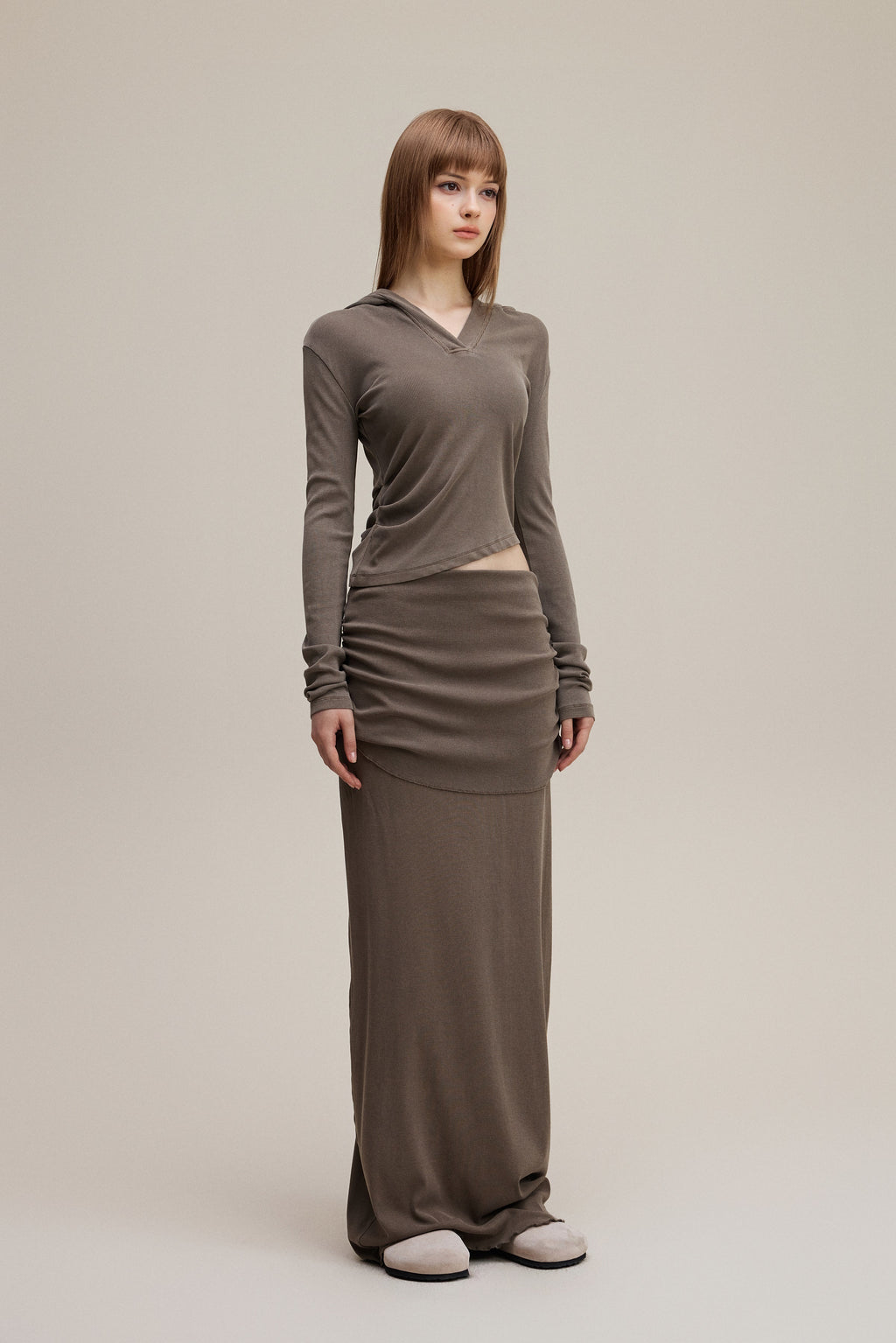 275GSM Women's Slim-Fit Hooded Pigment-Wash Long-Sleeve Coffee