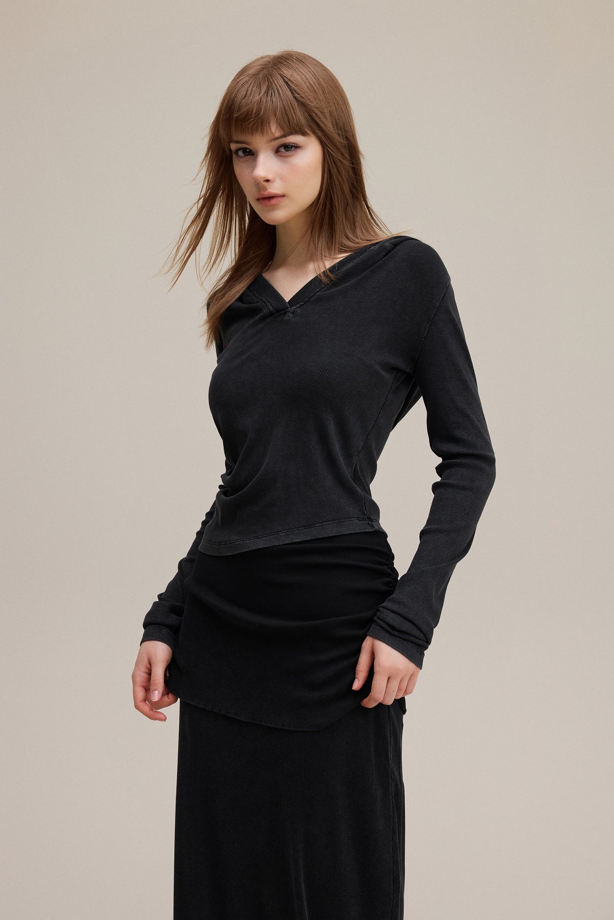 275GSM Women's Slim-Fit Hooded Pigment-Wash Long-Sleeve Snow wash