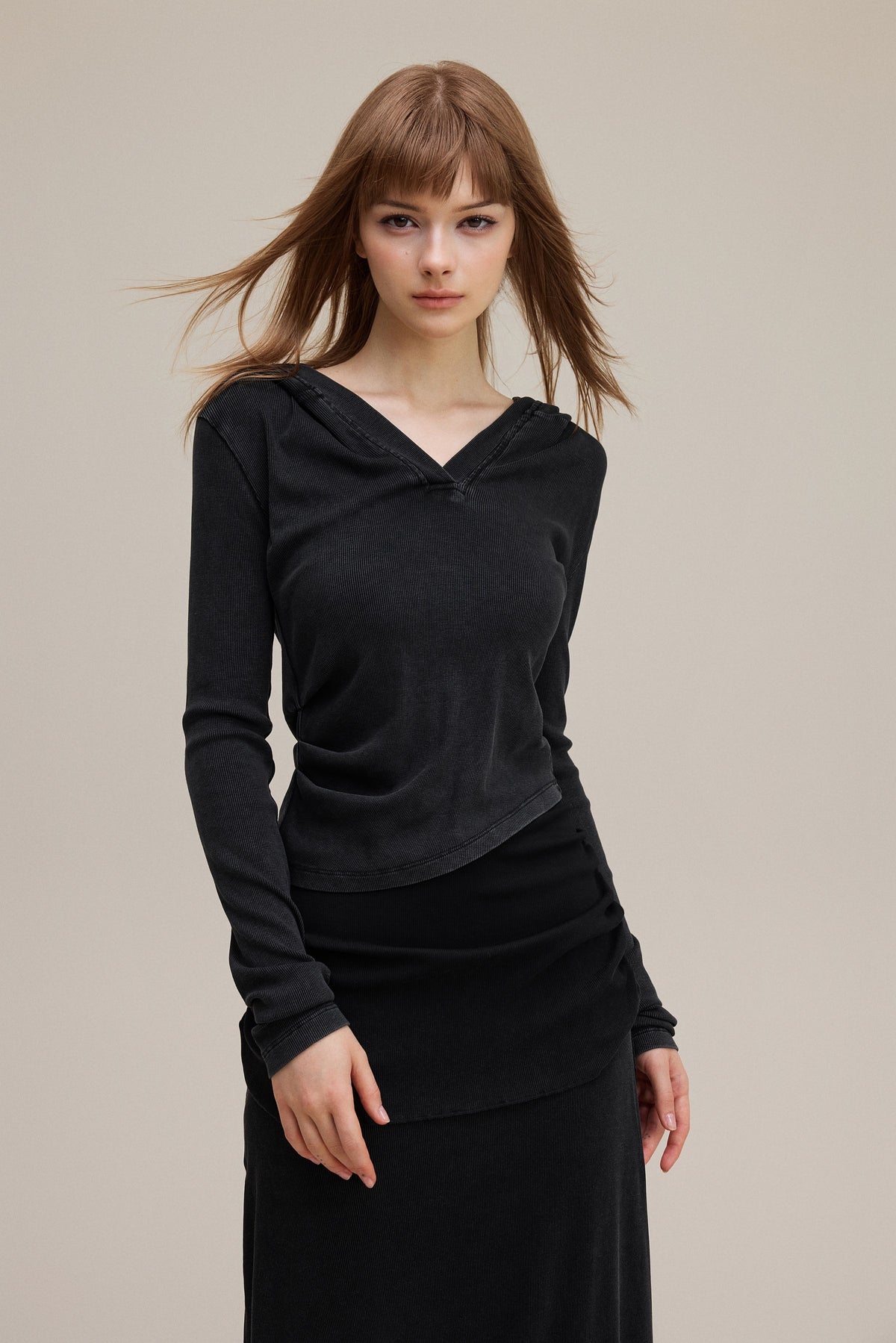 275GSM Women's Slim-Fit Hooded Pigment-Wash Long-Sleeve Snow wash