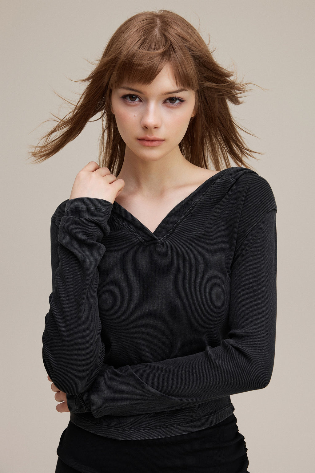 275GSM Women's Slim-Fit Hooded Pigment-Wash Long-Sleeve Snow wash