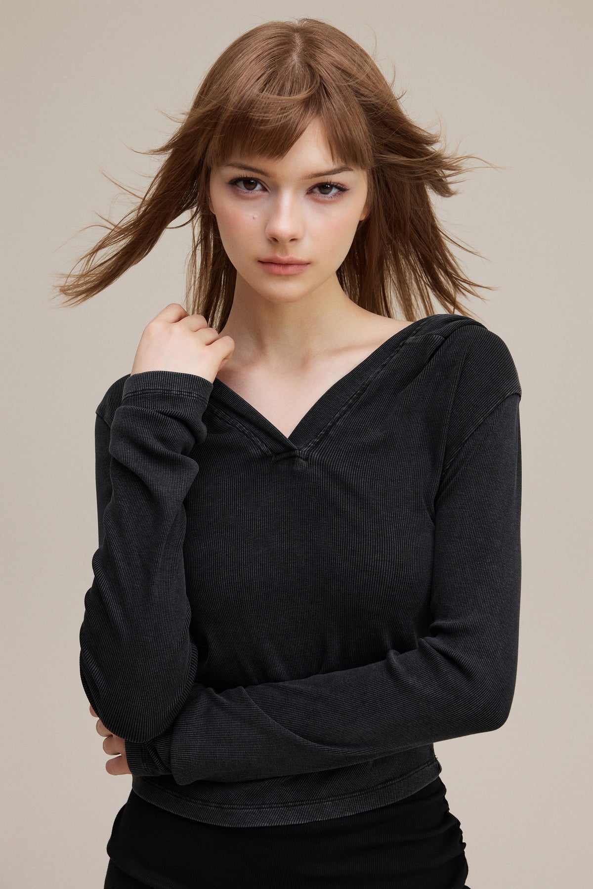 275GSM Women's Slim-Fit Hooded Pigment-Wash Long-Sleeve Snow wash