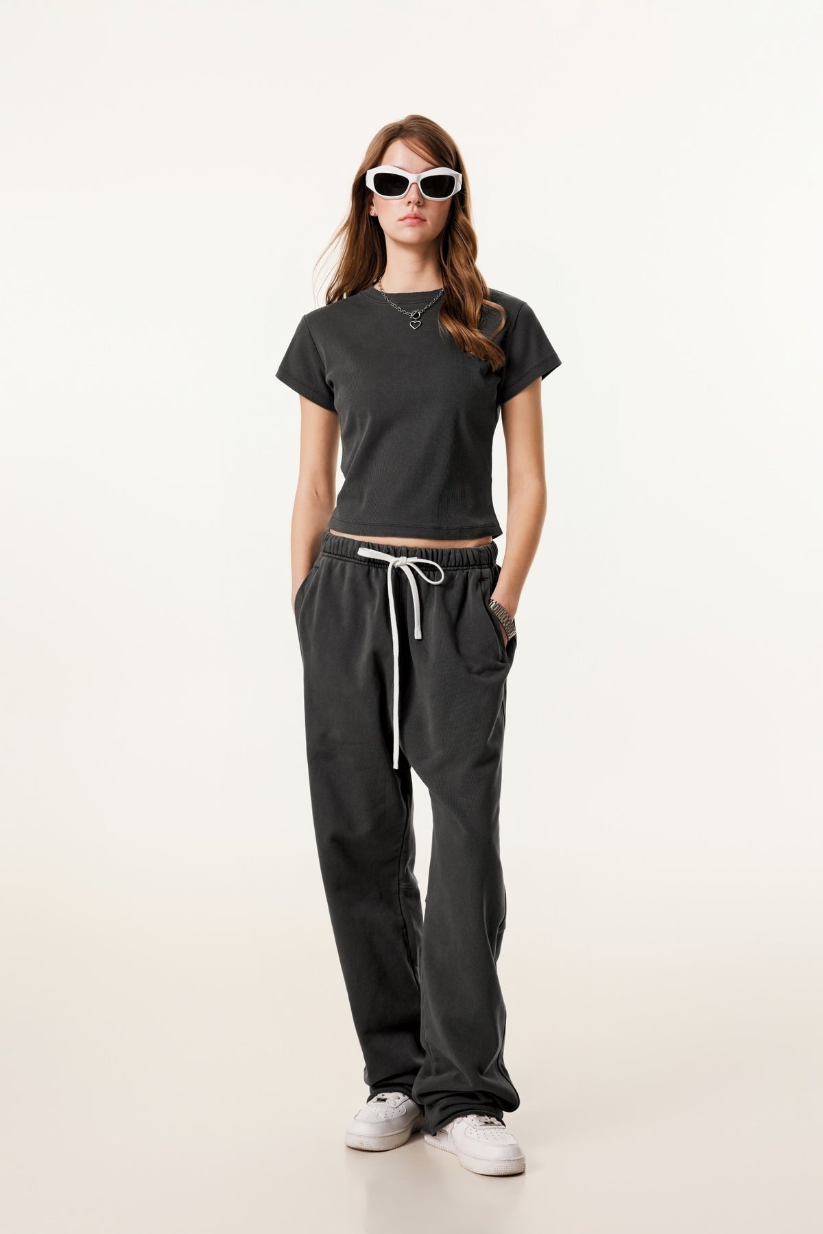 275GSM Women’s Figure-Flattering Straight Shoulder T-shirt Dark gray