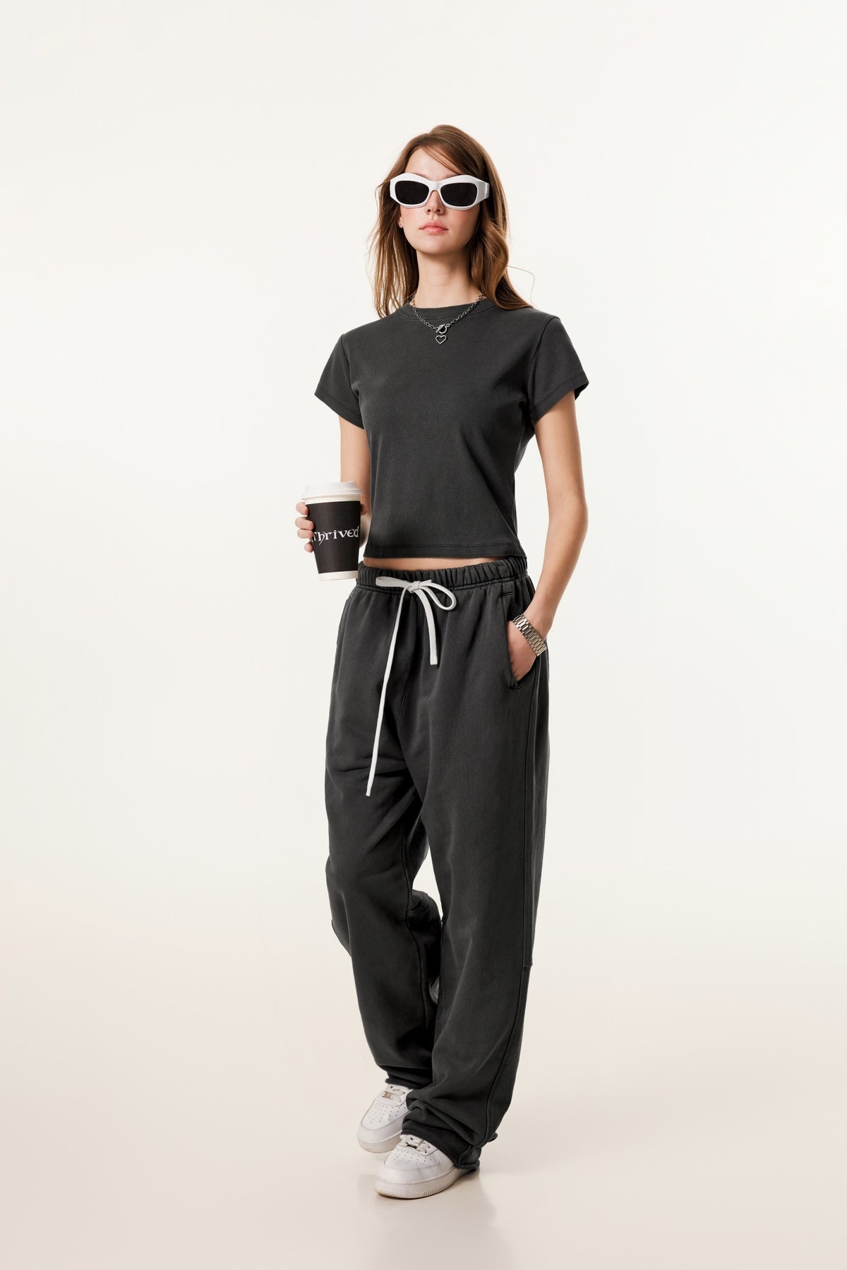 275GSM Women’s Figure-Flattering Straight Shoulder T-shirt Dark gray