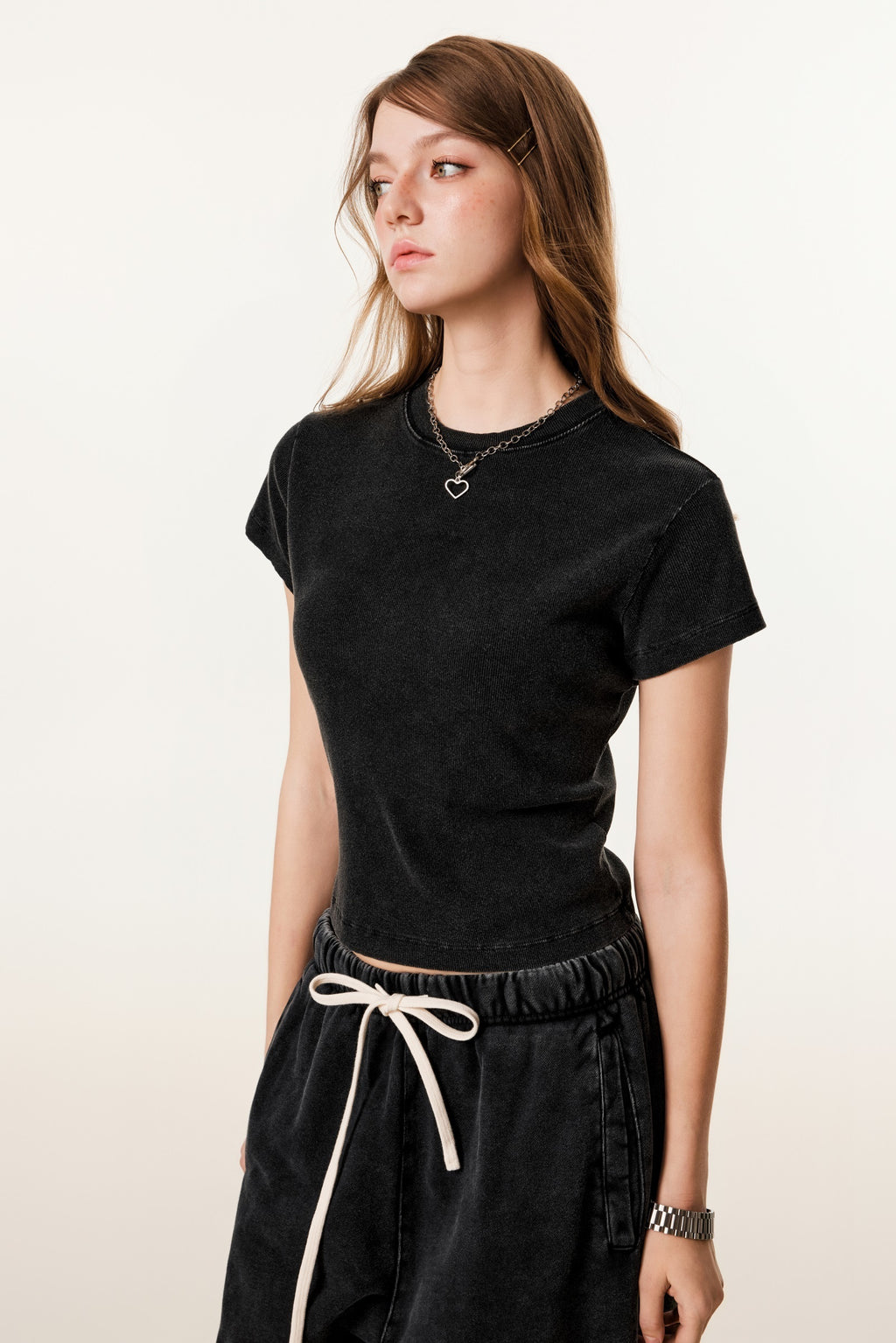 275GSM Women’s Figure-Flattering Straight Shoulder T-shirt Snow wash