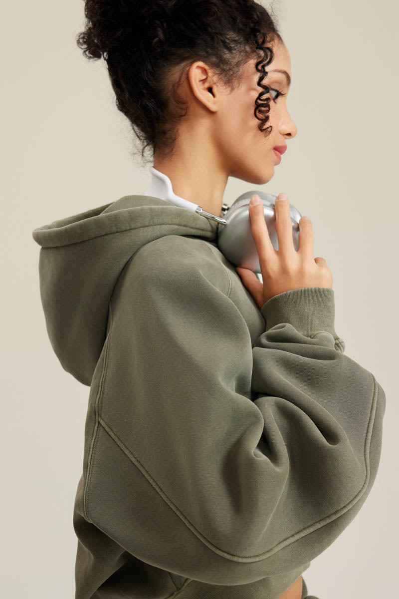 400GSM Women’s Retro-Wash Raglan Cropped Hoodie Gray Green