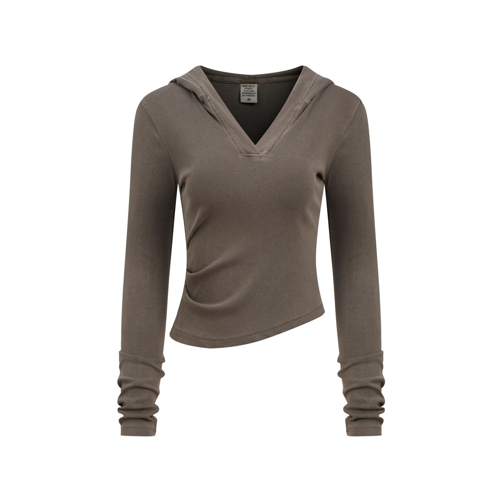 275GSM Women's Slim-Fit Hooded Pigment-Wash Long-Sleeve Coffee