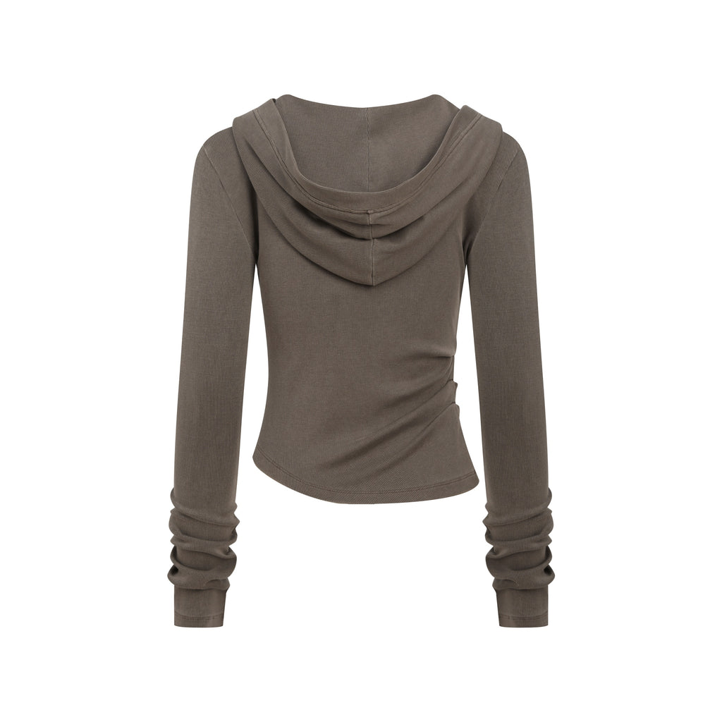 275GSM Women's Slim-Fit Hooded Pigment-Wash Long-Sleeve Coffee