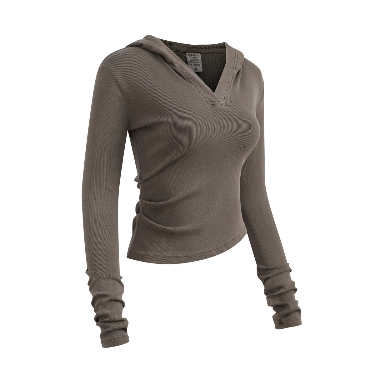 275GSM Women's Slim-Fit Hooded Pigment-Wash Long-Sleeve Coffee