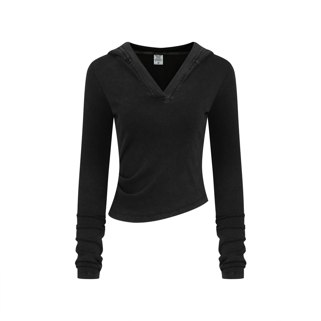 275GSM Women's Slim-Fit Hooded Pigment-Wash Long-Sleeve Snow wash