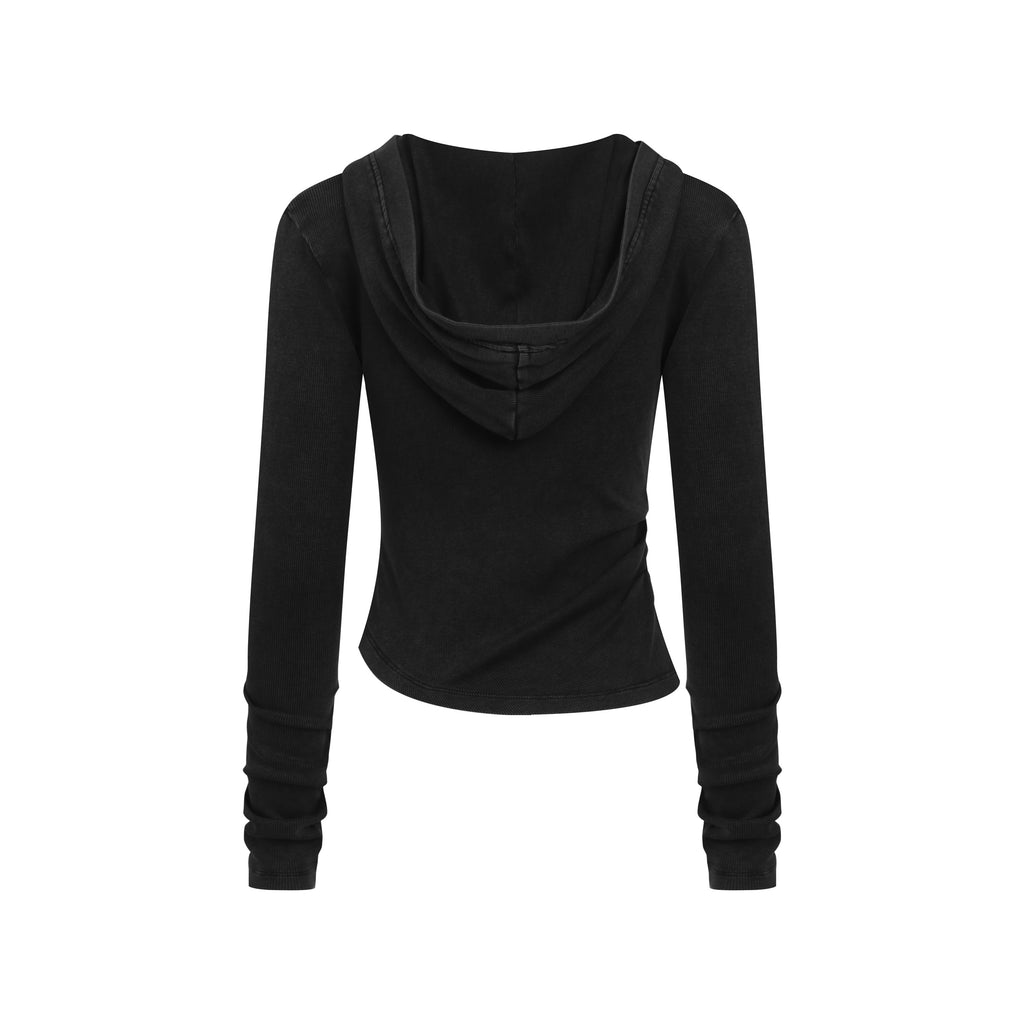 275GSM Women's Slim-Fit Hooded Pigment-Wash Long-Sleeve Snow wash