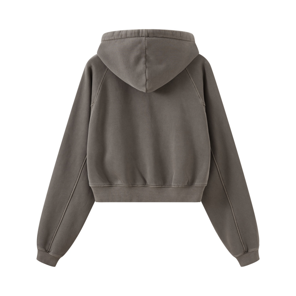 400GSM Women’s Retro-Wash Raglan Cropped Hoodie   Coffee